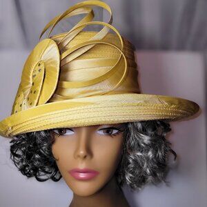 Ellie Fine Hats Women's Mustard Yellow Molded Ribbon and Design Rhinestones Hat